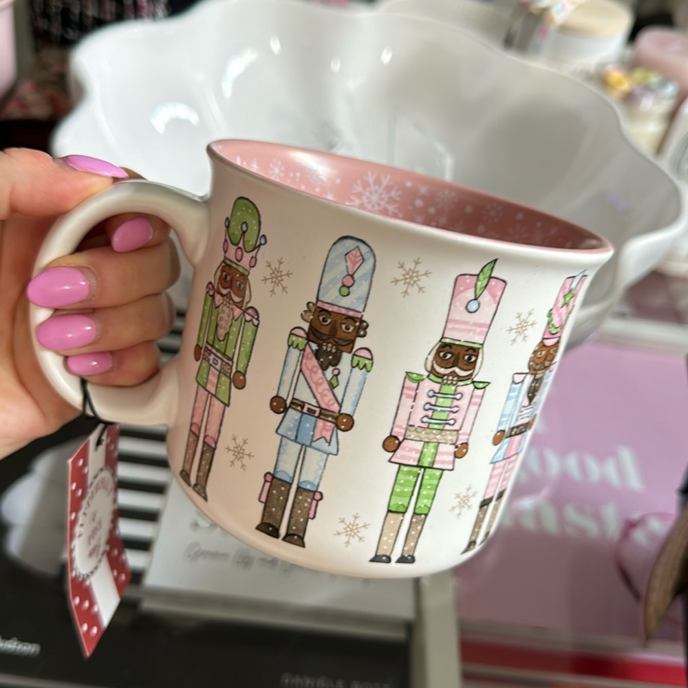 Peppermint & pine pink christmas mug with nutcrackers